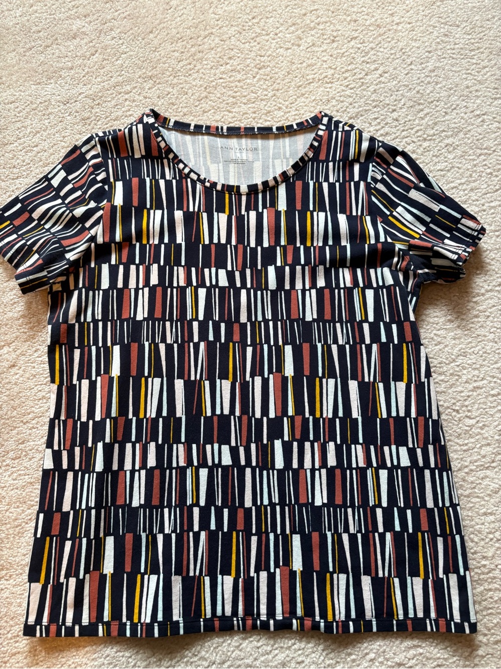Ann Taylor Factory Navy Geometric Short Sleeve Tee with Rust & Mustard Accents